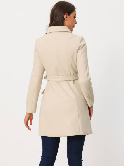 Allegra K - Double Breasted Belted Winter Pea Coat