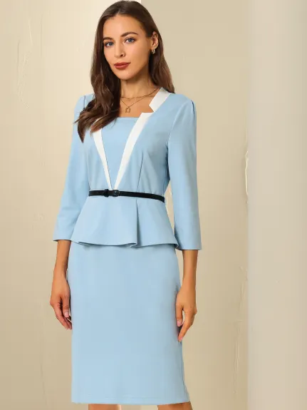 Hobemty- Notch Collar Peplum Pencil Dress