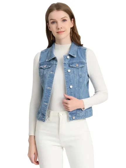 Allegra K- Gilet boutonné en denim délavé avec poches à rabat