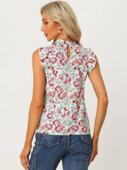 Allegra K - Casual Stand Collar Sleeveless Summer Floral Top