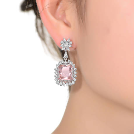 Genevive Sterling Silver White Gold Plated with Morganite Cubic Zirconia Halo Dangle Earrings