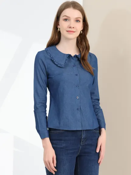 Allegra K - Peter Pan Ruffled Collar Denim Shirt