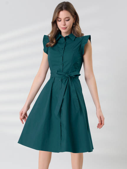 Allegra K- Cotton Shirtdress Ruffled Sleeve Tie Waist Button Dress