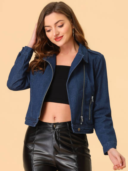 Allegra K- Notched Lapel Asymmetric Zip Moto Denim Jacket