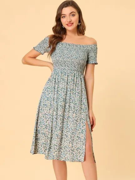 Allegra K- Floral Print Off Shoulder High Split Dress