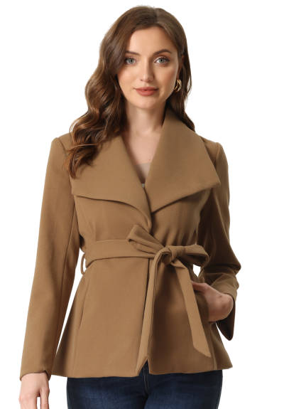 Allegra K - Lapel Collar Belted Short Pea Coat