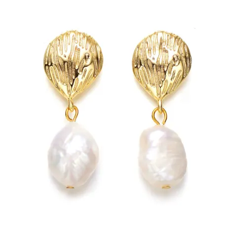 Genevive Sterling Silver 14k Gold Plated with Baroque Oval Pearl Coral Reef Dangle Earrings
