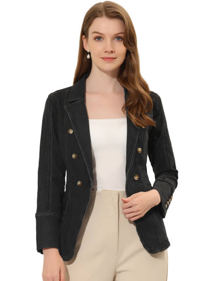 Allegra K- Notched Lapel Button Denim Jacket with Pockets