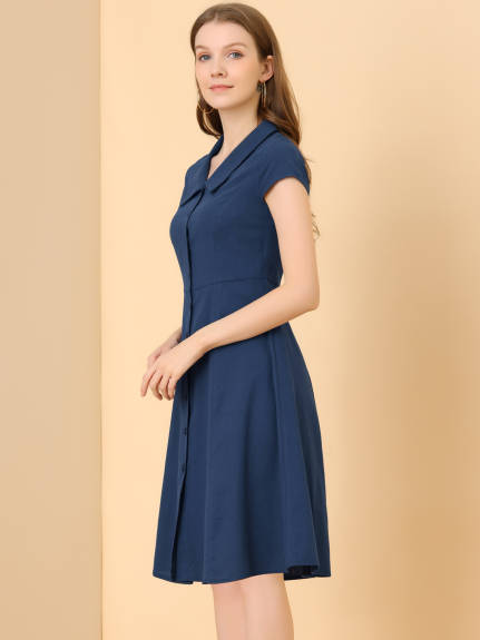 Allegra K- Cap Sleeve Cotton Collar Midi Button Down Dress