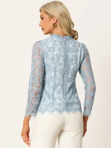 Allegra K- Ruffle Round Neck Long Sleeve Lace Floral Blouse