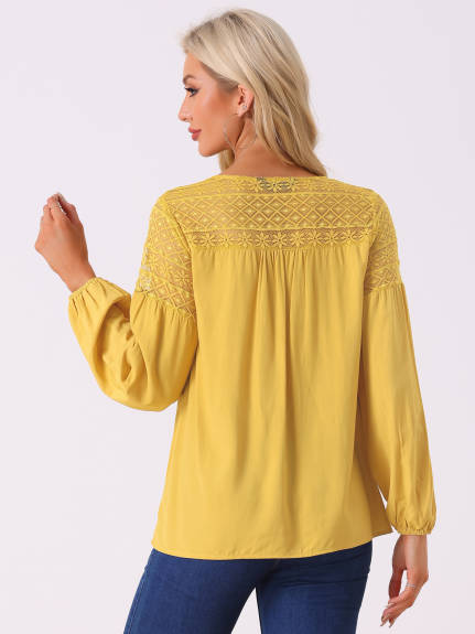 Allegra K - Crochet Panel Long Sleeve Boho Top