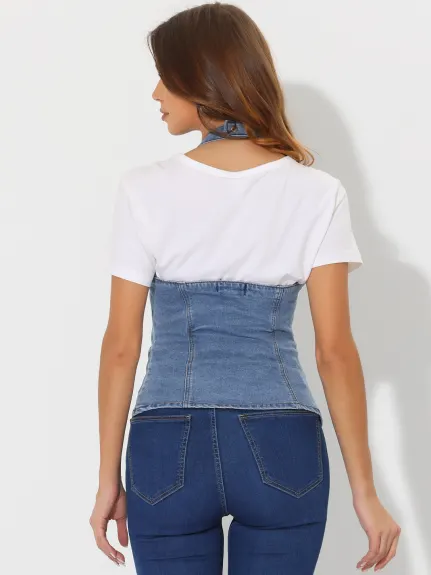 Allegra K- Denim Halter Neck Backless Waistcoat