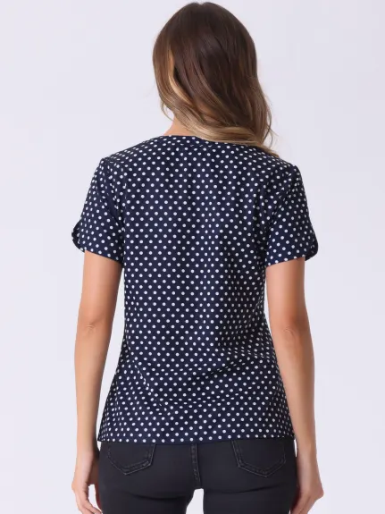 Allegra K- Dots Printed V Neck Short Sleeve Blouse