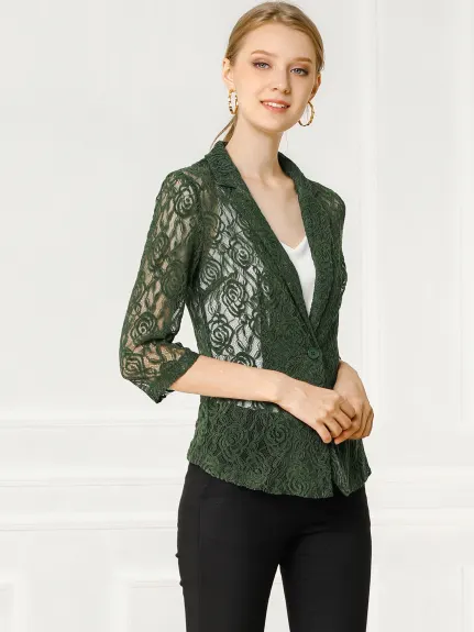 Allegra K- Lace 3/4 Sleeves Notched Lapel One-Button Cardigan
