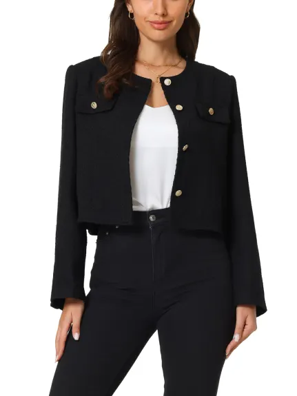 Hobemty- Long Sleeve Tweed Cropped Blazer Jacket