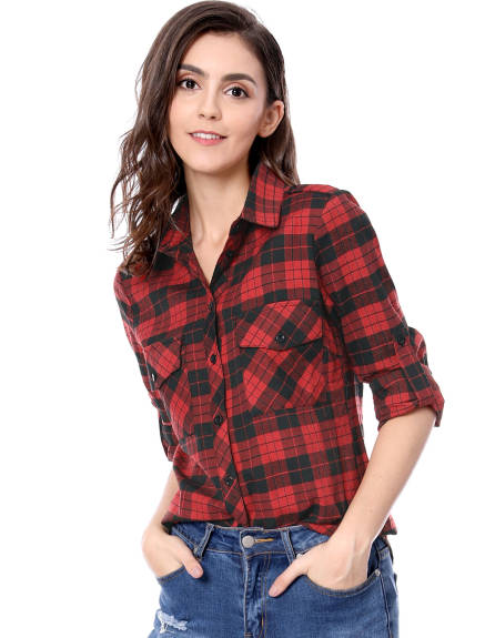 Allegra K- Roll Up Button Down Flannel Shirt