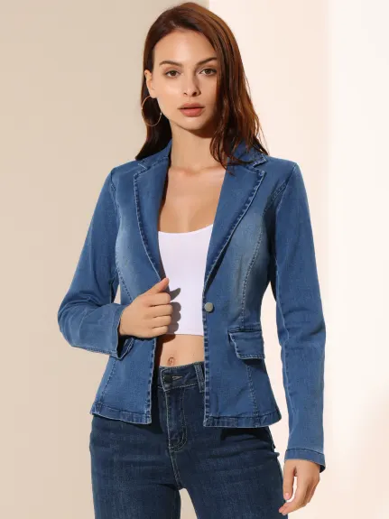 Allegra K- Notched Lapel One Button Washed Denim Blazer