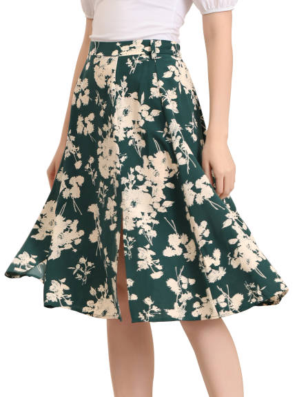 Allegra K- Slit Floral Belted A-Line Midi Skirt