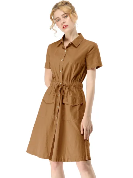 Allegra K- Button Down Cotton Flare Shirt Dress