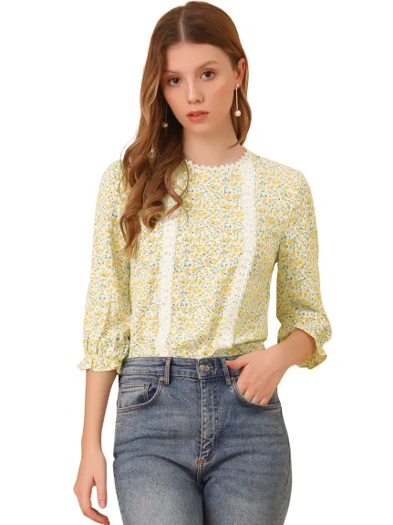 Allegra K- 3/4 Sleeve Ruffle Cuff Ditsy Floral Blouse