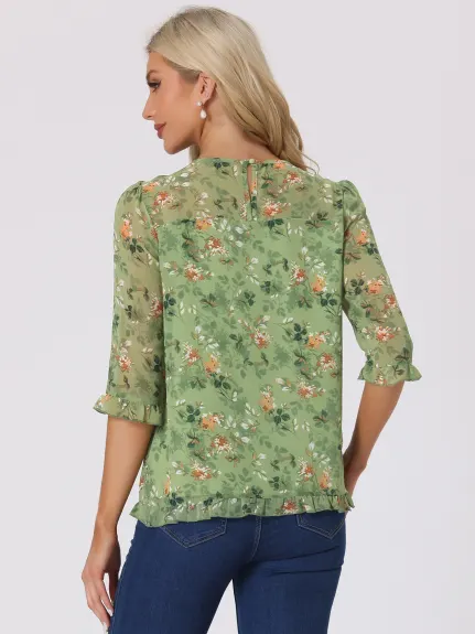 Allegra K- Floral Ruffled 3/4 Sleeve Chiffon Blouse