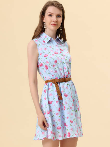 Allegra K- Printed Half Placket Sleeveless Belted Dress