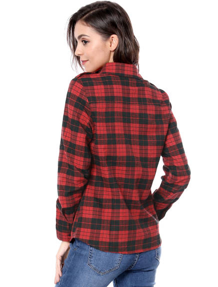 Allegra K- Roll Up Button Down Flannel Shirt