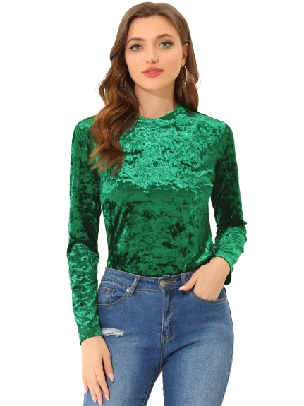 Allegra K- Velvet Round Neck Long Sleeve Top