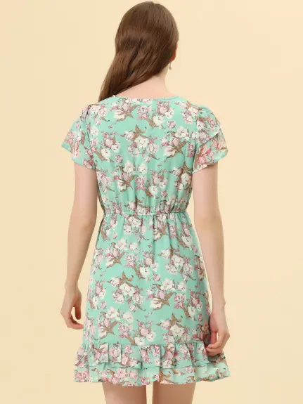 Allegra K- robe en mousseline de soie florale à manches volants col V