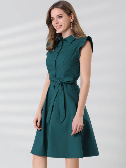 Allegra K- Cotton Shirtdress Ruffled Sleeve Tie Waist Button Dress