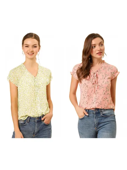 Allegra K- V Neck Summer Floral Chiffon Blouse 2-Pack