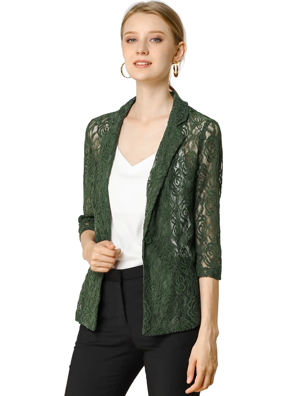 Allegra K- Lace 3/4 Sleeves Notched Lapel One-Button Cardigan