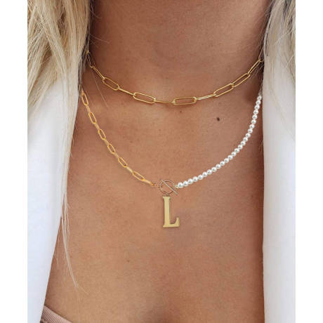 Rachel Glauber 14K Gold Plated Initial "L" Pearl Link Chain Necklace