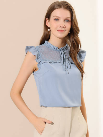 Allegra K - Ruffle Stand Collar Cap Sleeve Chiffon Blouse