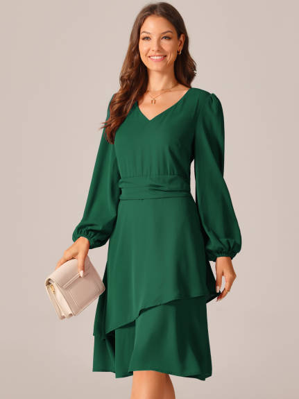 Allegra K - Long Sleeve Layered Swing Midi Dress