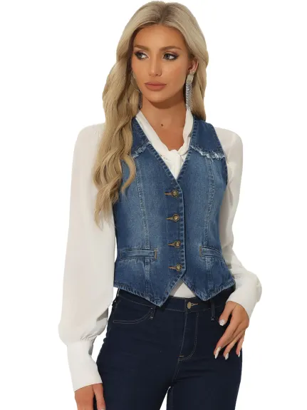 Allegra K- V veste en Denim délavé au cou