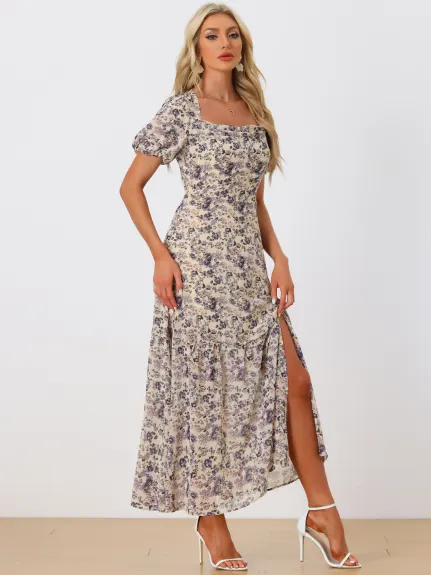 Allegra K - Summer Puff Sleeve Floral Split Maxi Dress