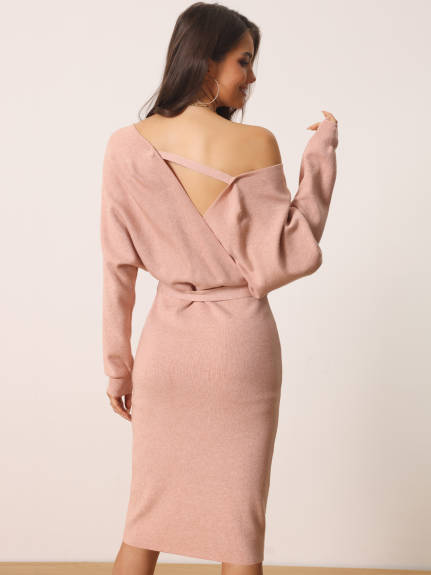 Allegra K - Deep Wrap V Neck Belted Sweater Dress