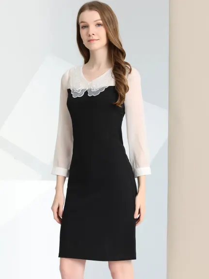 Allegra K- Contrast Chiffon Panel Mesh Long Sleeve A-Line Dress