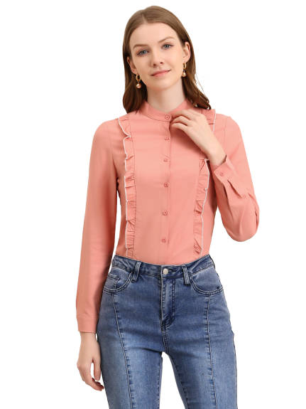 Allegra K- Long Sleeve Ruffle Trim Contrast Piping Shirt