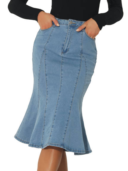 Allegra K- Fishtail Hem Bodycon Midi Denim Skirt