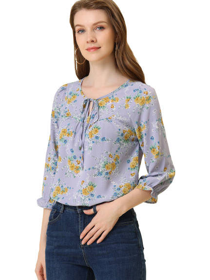 Allegra K- Tie V Neck Ruffled 3/4 Sleeve Floral Blouse