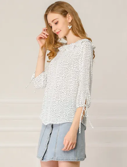 Allegra K- Ruffled Neck Half Sleeve Sheer Polka Dots Blouse