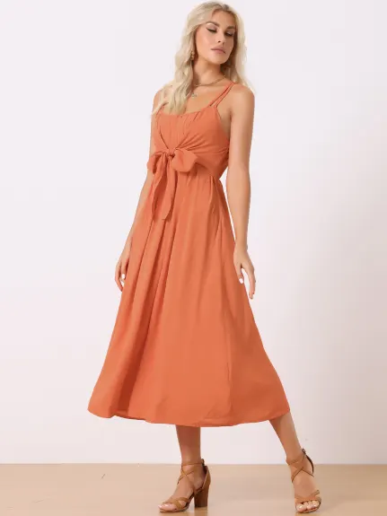 Allegra K- Sleeveless Spaghetti Strap Tied Waist Dress