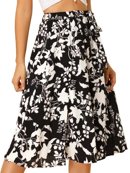 Allegra K- Slit Floral Belted A-Line Midi Skirt