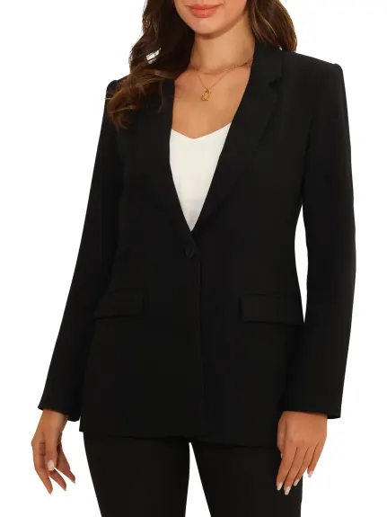 Hobemty - Solid One Button Long Sleeve Blazer