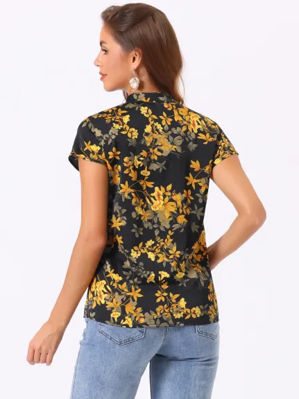 Allegra K- Satin Floral Cap Sleeve Blouse