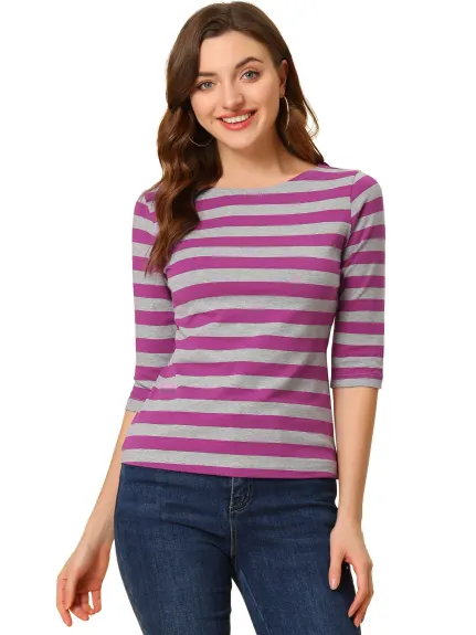 Allegra K- Boat Neck Elbow Sleeve Slim Fit Stripe T-Shirt