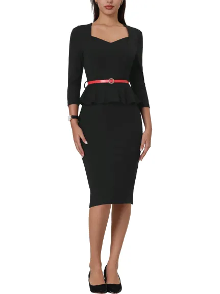 Hobemty- Belted 3/4 Sleeve Peplum Pencil Dress