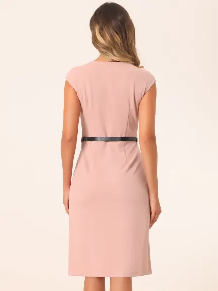 Allegra K- Cap Sleeve Belted Sheath Dress